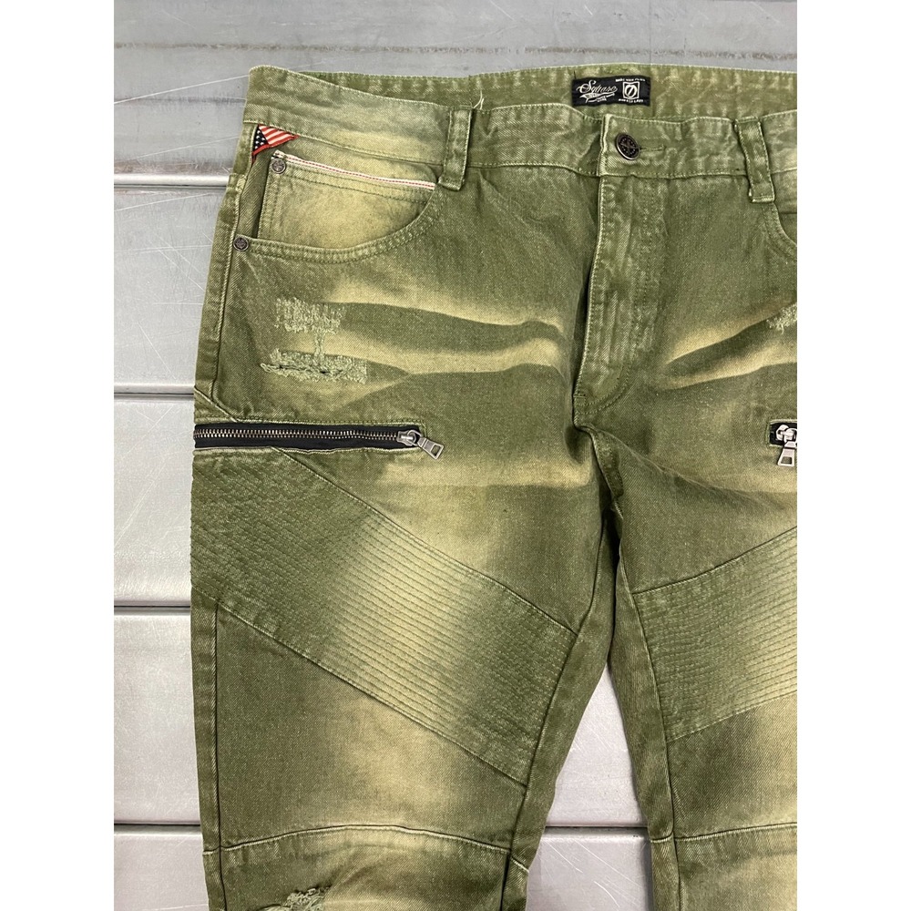 Square Zero Slim Straight Jeans Mens 40x33 Green Denim Faded Distressed Moto - Picture 3 of 16